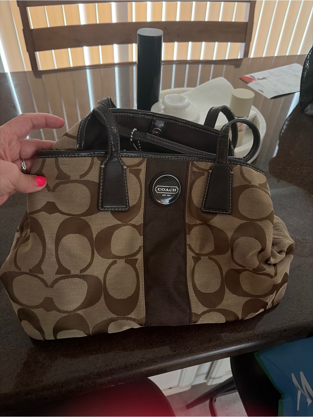 Coach Brown Signature Canvas Satchel with Dark Brown Trim